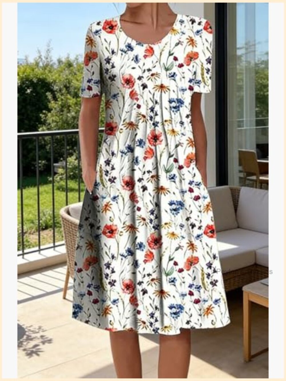 Casual Short Sleeve Midi Dress with Pockets and Pleats - Picture 2 of 7